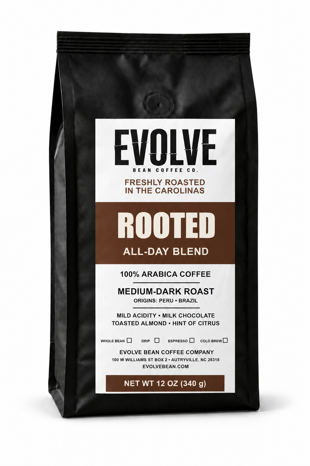 A 12 oz black bag of Evolve Bean Coffee Company's Rooted All-Day Blend medium-dark roast coffee, shown against a plain white background.