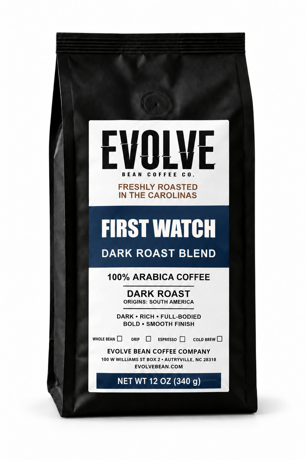 A 12 oz bag of Evolve Bean Coffee Company's First Watch Dark Roast Blend, shown against a plain white background.