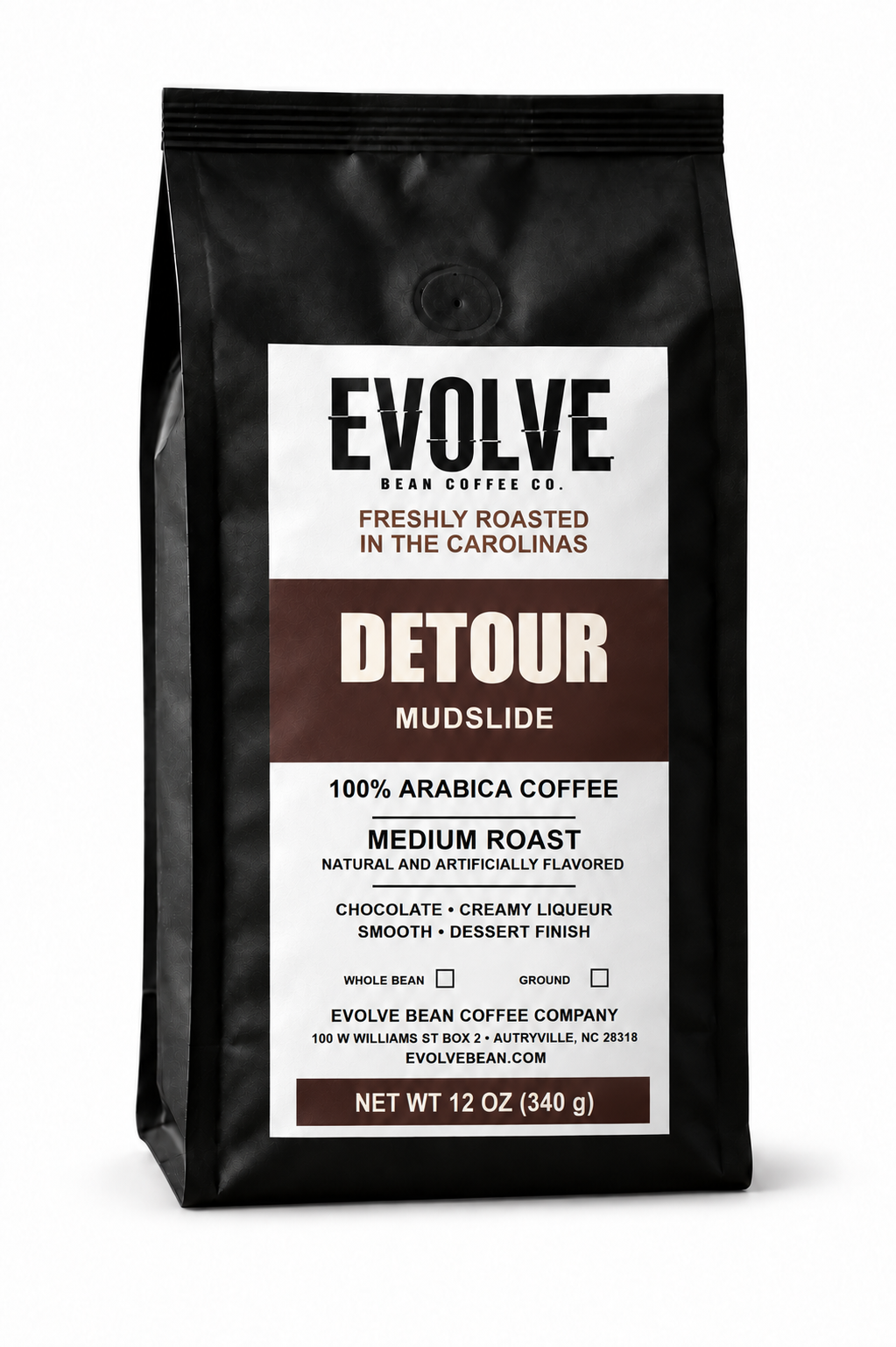 A 12 oz bag of Evolve Bean Coffee Company Detour Mudslide medium roast arabica coffee, shown in a black stand-up bag with a white and dark brown label.