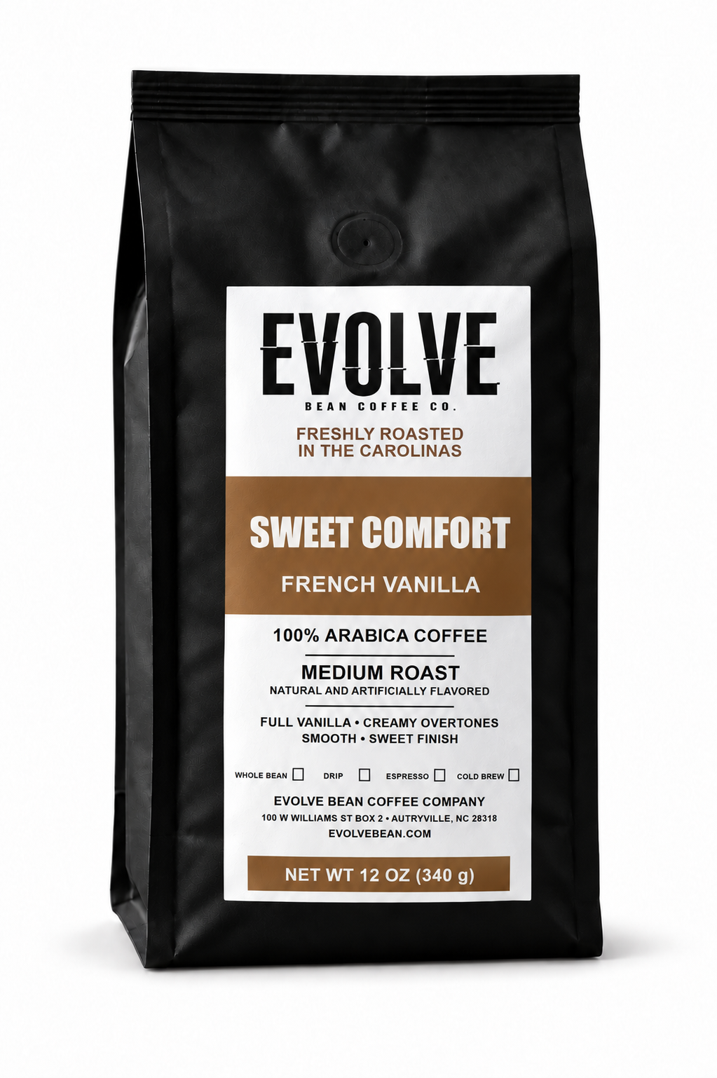 A 12 oz black bag of Evolve Bean Coffee Co. Sweet Comfort French Vanilla coffee, featuring a white and brown label on a clean white background.
